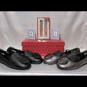 BUNDLE!ToryBurch 9.5 Flats Black/Silver-Rollerball Parfum Set-Sample Size Parfum